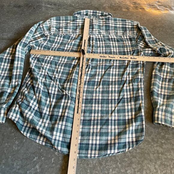 Woolrich Plaid Flannel Button Up Shirt Mens Large Long 6280 Blue Green Mallard - Picture 9 of 11